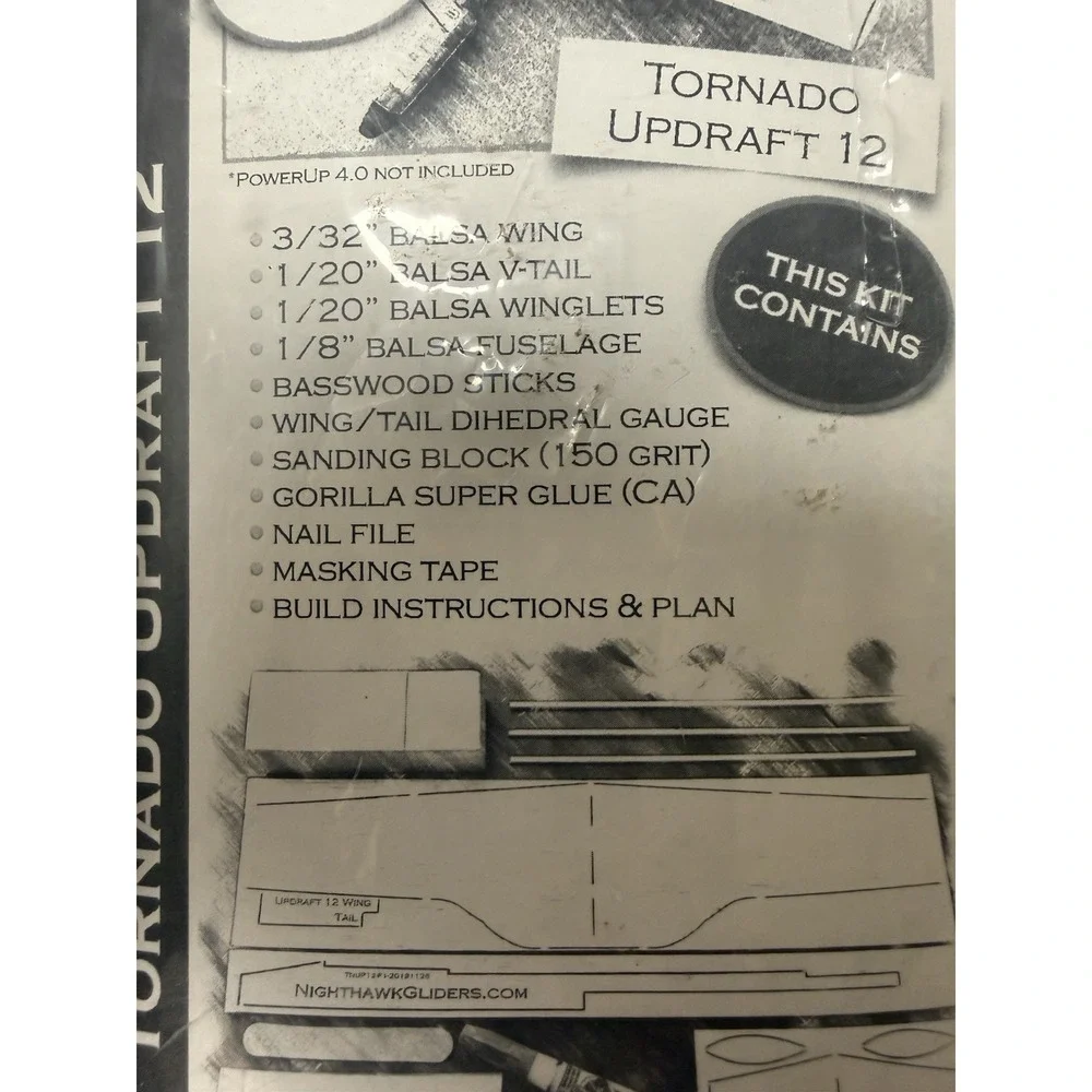 Nighthawk Gliders Tornado Updraft 12 Balsa Airplane Kit POWERUP 4.0 New